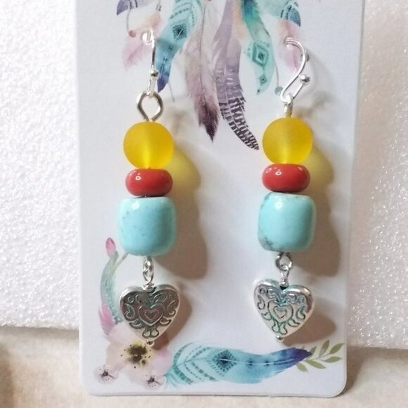 Spunky & Girly! Coastal Cowgirl Vibes! Mixed Media Heart Dangle Earrings - Picture 4 of 5